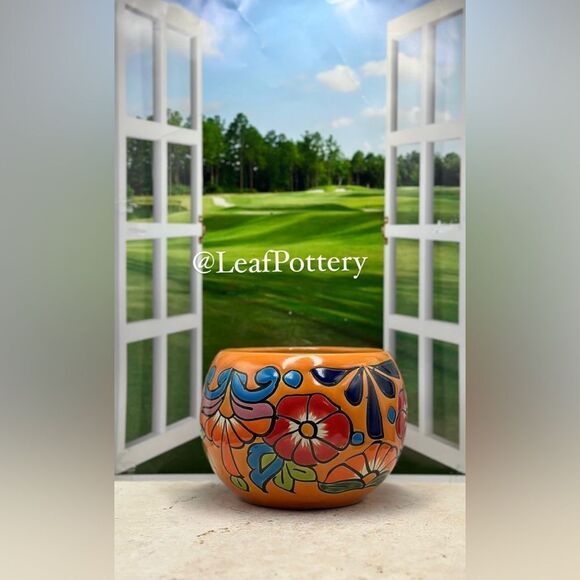 Orange Talavera Handmade Multi Colored Ceramic Planter Pot with drainage hole - Picture 1 of 9